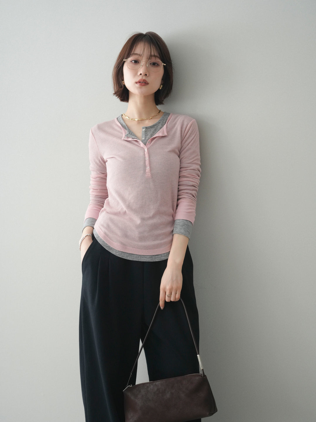 [予約]シアーリブヘンリーネックロンT/pink