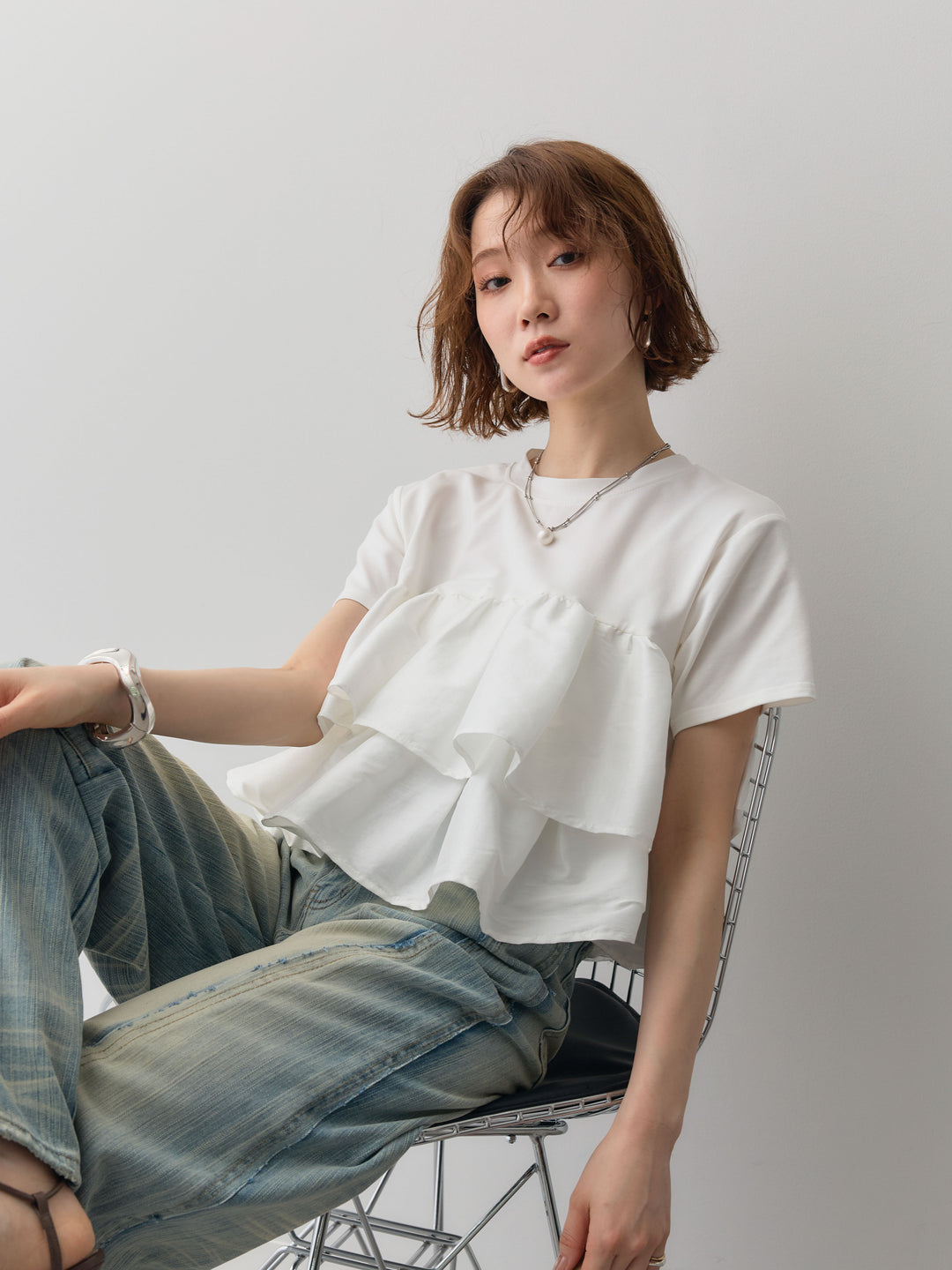 [SET]フリルティアードTEE+縦ウォッシュワイドデニムパンツ(2set)