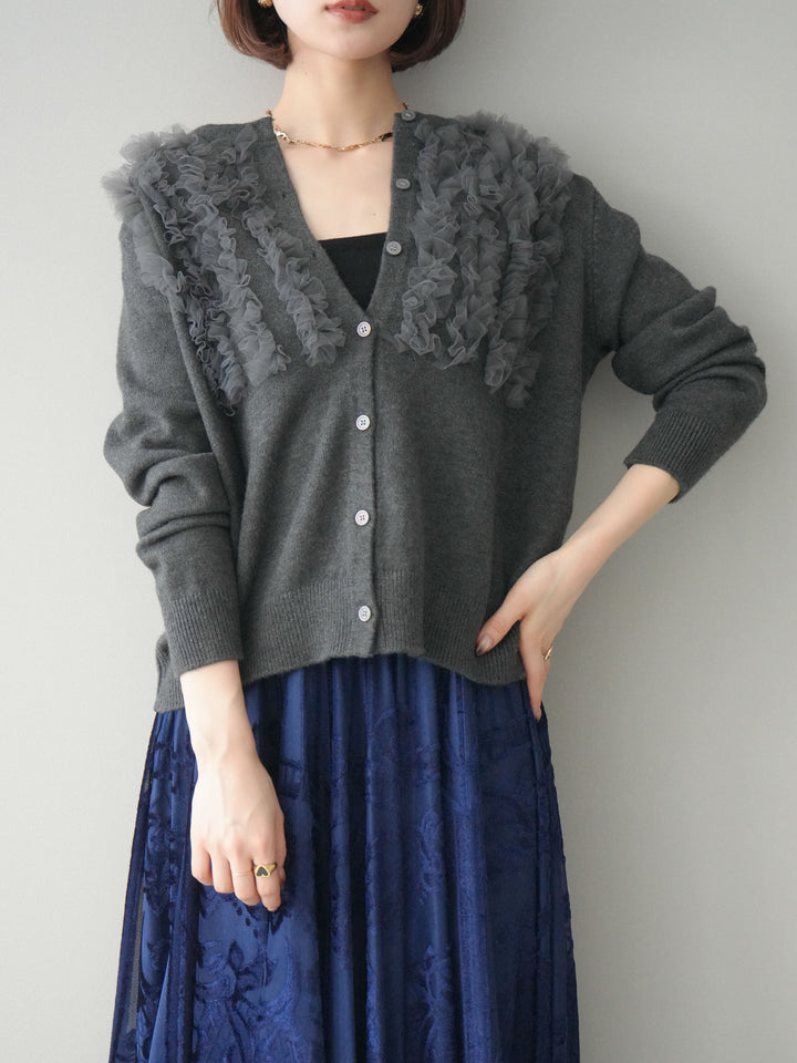[SET]チュールフリルニットカーディガン+アンティーク柄フロッキーマキシスカート(2set)