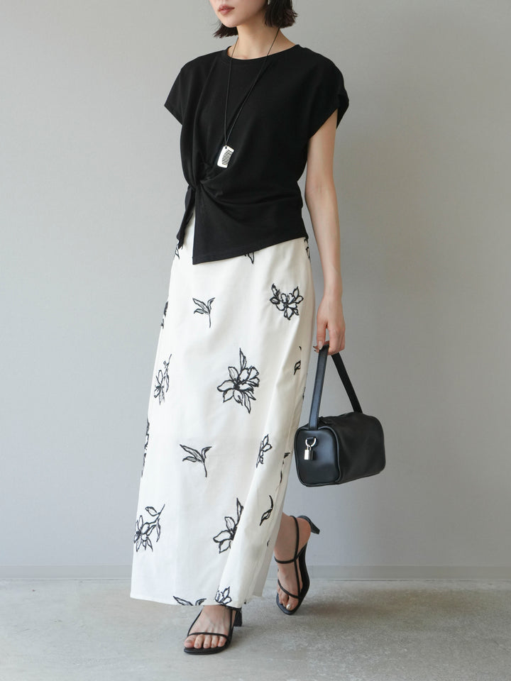 [予約]フラワー刺繍ナロースカート/ホワイト