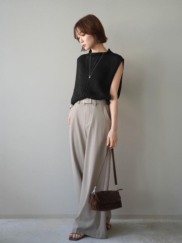 【套裝】開襟針織上衣+銀色搭扣垂褶闊腿褲（兩件套）