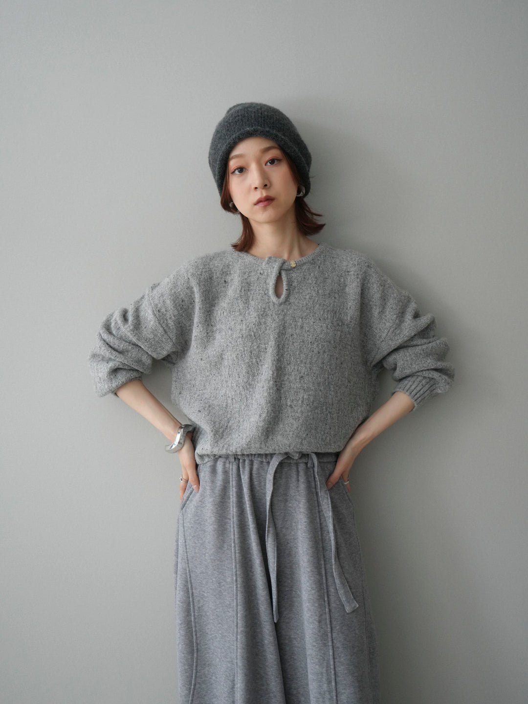 [予約]ツイストネックラメネップヤーンニットプルオーバー/gray