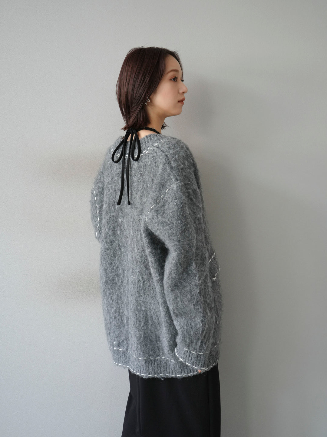 [予約]ステッチVネックニットカーディガン/グレー