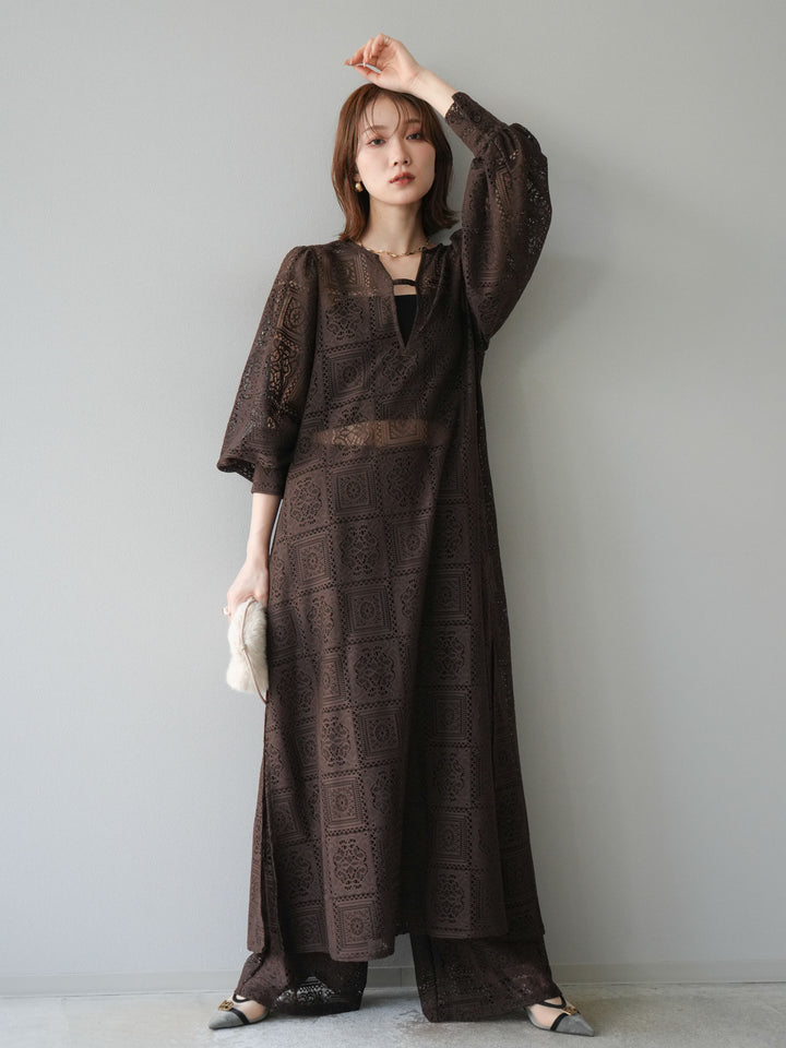 [予約]ブロックレースボリュームスリーブワンピース/ブラウン