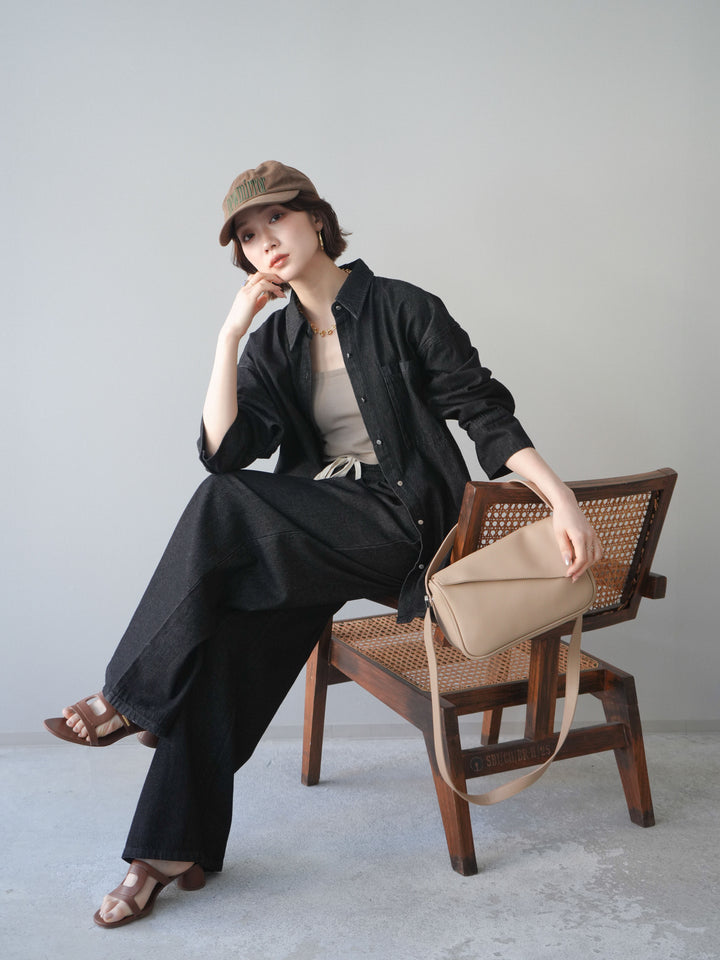 [SET]ポイントレザーオーバーデニムシャツ+ドロストワイドデニムパンツ(2set)