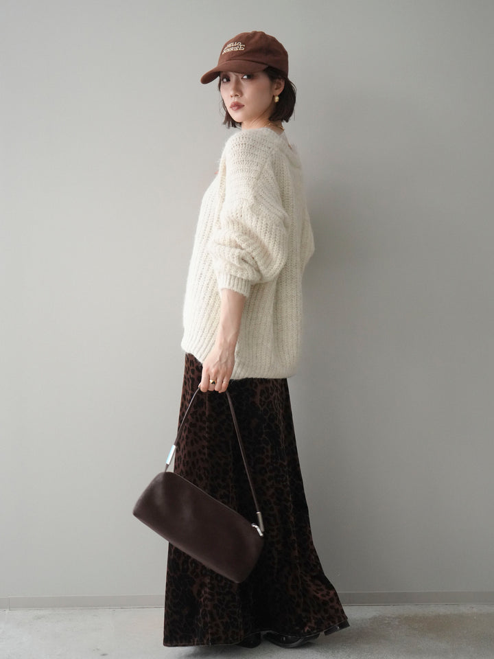 [SET]Vネックレースニットプルオーバー+レオパードベロアナロースカート(2set)