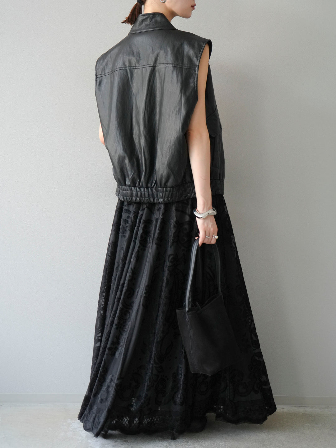 [予約]アンティーク柄フロッキーマキシスカート/ブラック