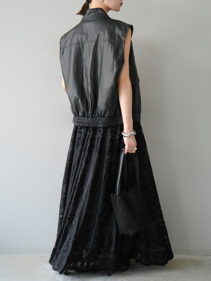 [予約]アンティーク柄フロッキーマキシスカート/ブラック