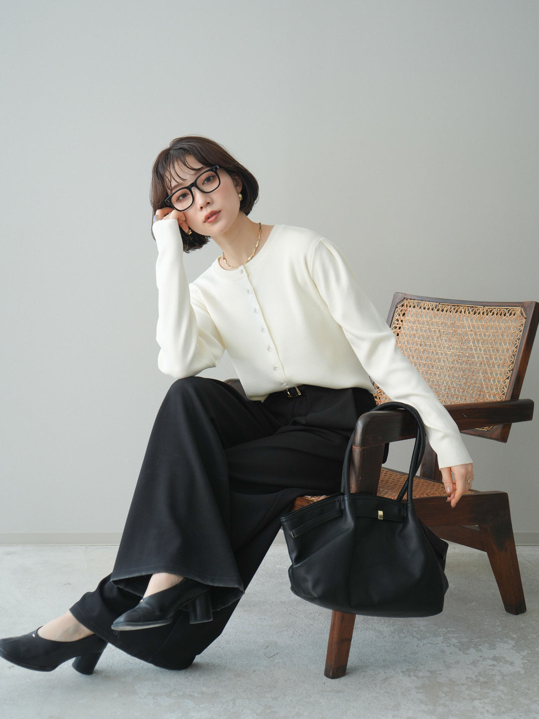 [SET]クリアボタンタックニットカーディガン+ベルトループデザインワイドパンツ(2set)