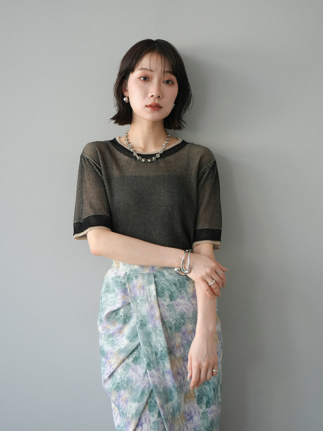 [SET]リネンタッチ配色二重臼ハーフニットトップス+選べるアソート柄スカートセット(2set)