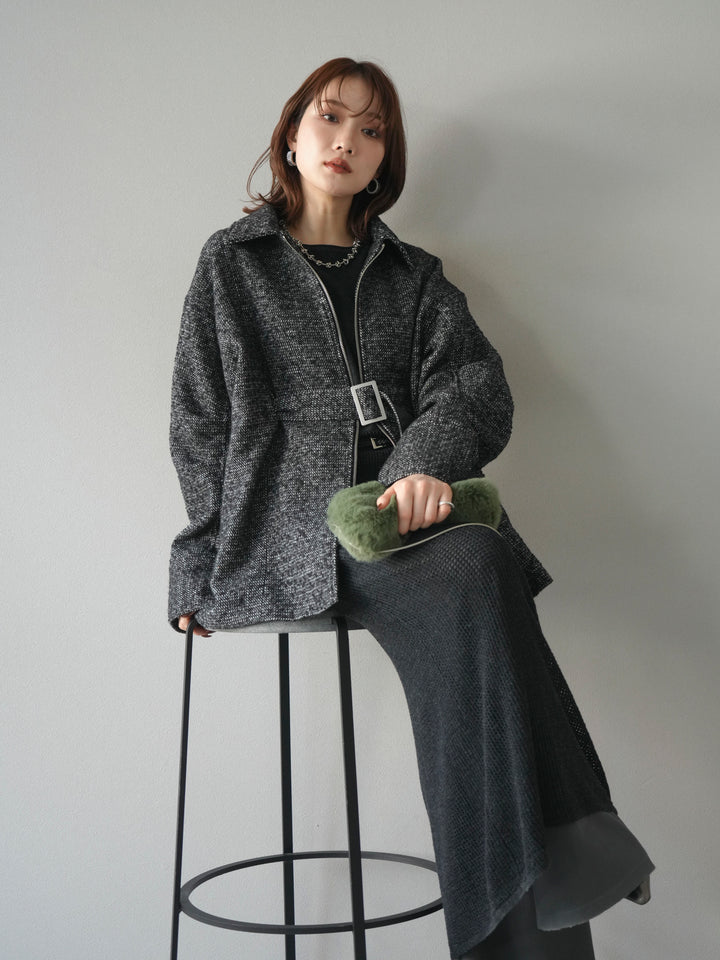 [予約]メッシュ切替ノースリーニットワンピース/darkgray