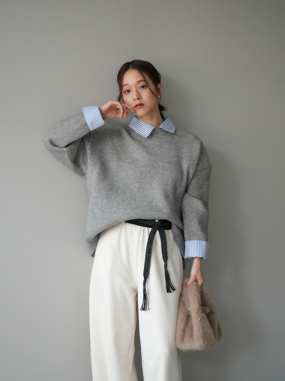 [予約]2WAYストライプ襟ニットプルオーバー/gray