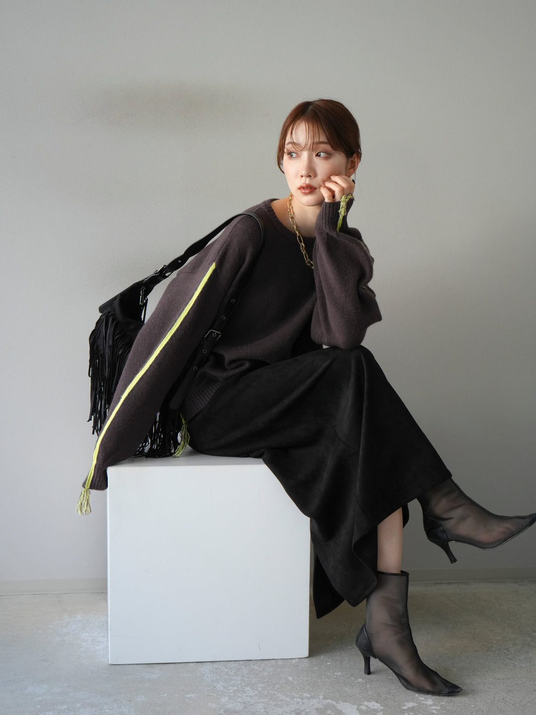 [予約]配色ステッチフリンジニットプルオーバー /ブラウン