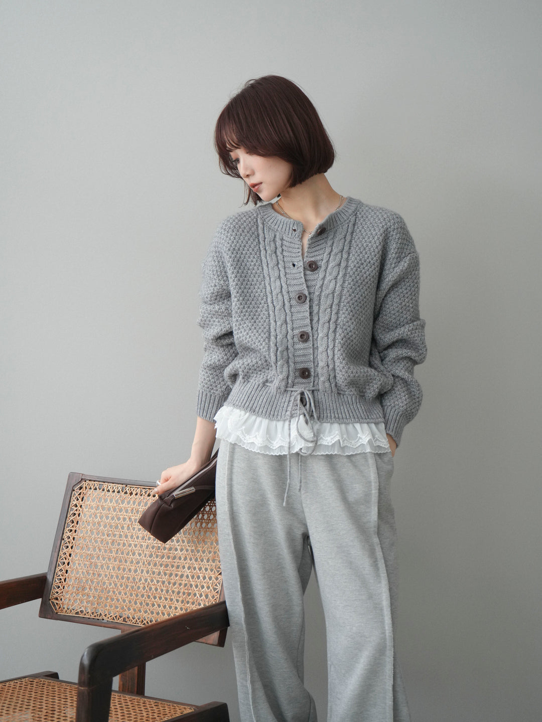 [SET]裾レースケーブルニットカーディガン+2WAYデザインスウェットパンツ(2set)