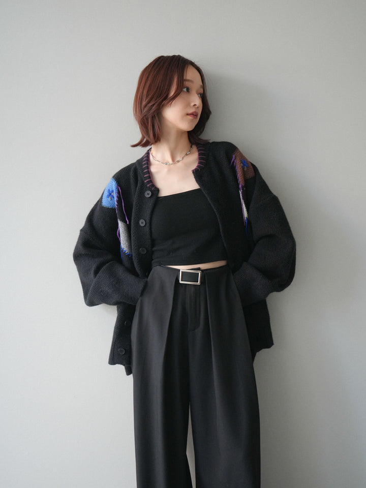 [SET]ハンドステッチアーガイルデザインニットカーディガン+ベルトループデザインワイドパンツ(2set)