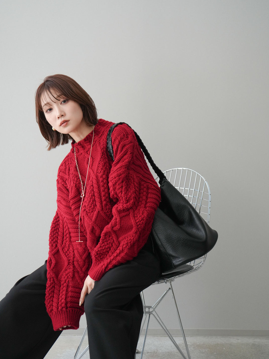 [SET]ケーブル編みモックネックニットプルオーバー+選べるアクセセット(2set)