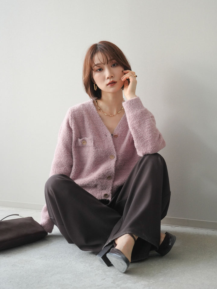 [SET]ゴールドボタンモールニットカーディガン+ベルトループデザインワイドパンツ(2set)