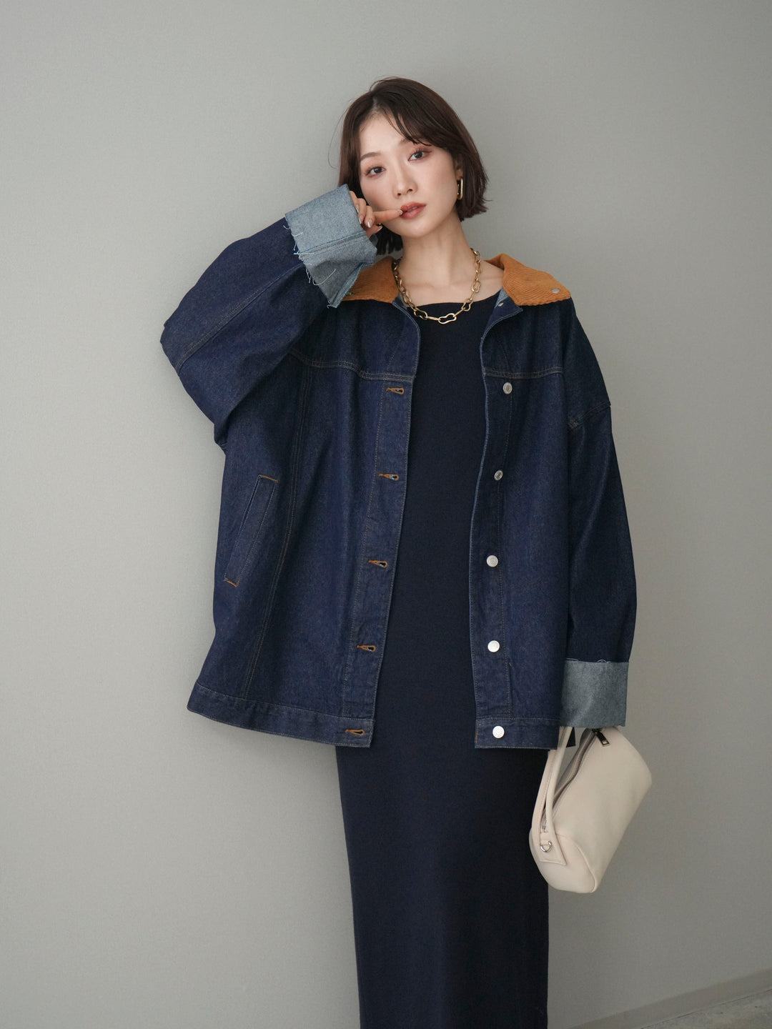 [SET]2WAYニットワンピース+コーデュロイ×デニムミドルジャケット(2set)