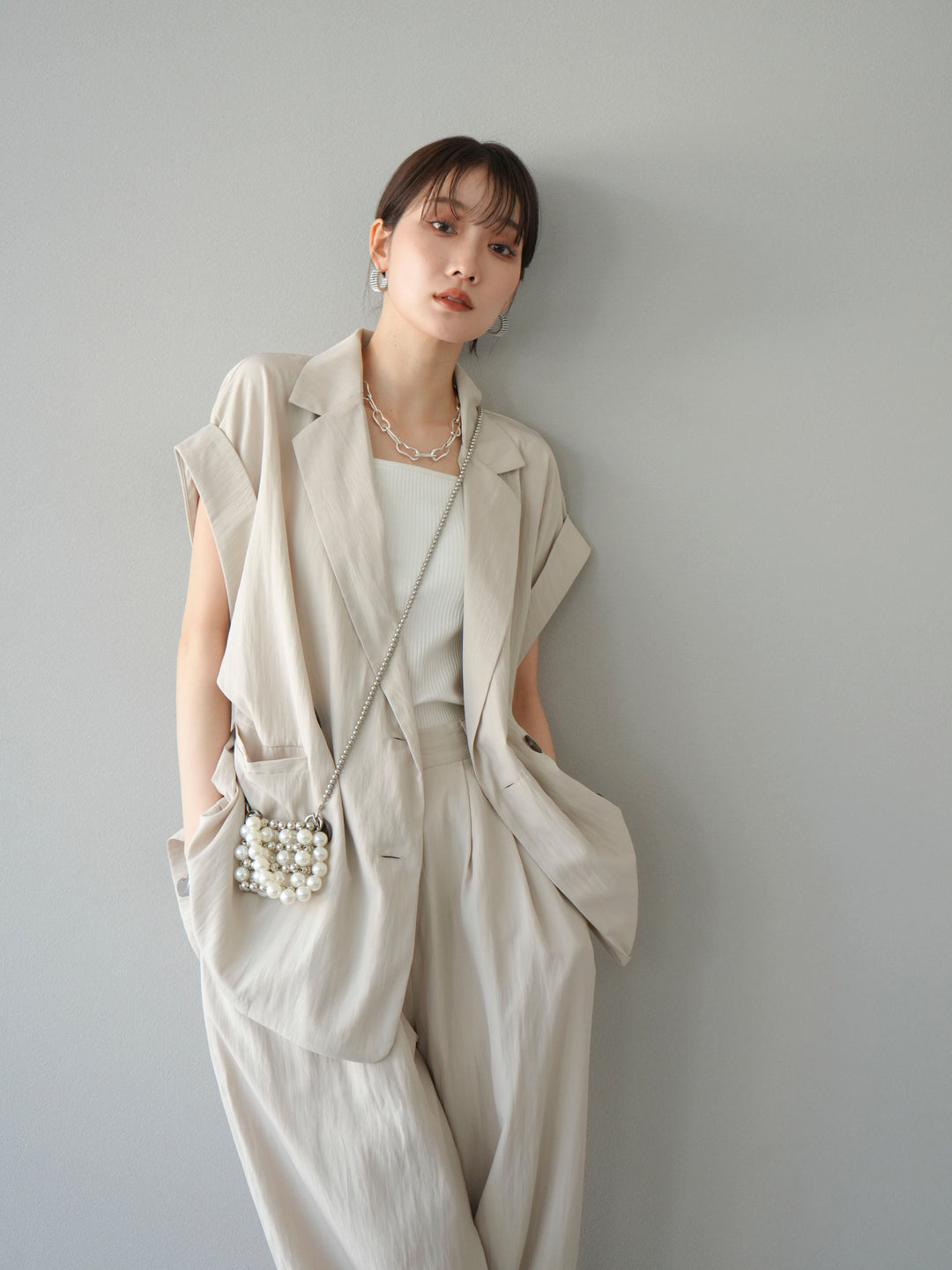 [SET]リネンライクノースリーブダブルジレ+選べるアクセセット(2set)