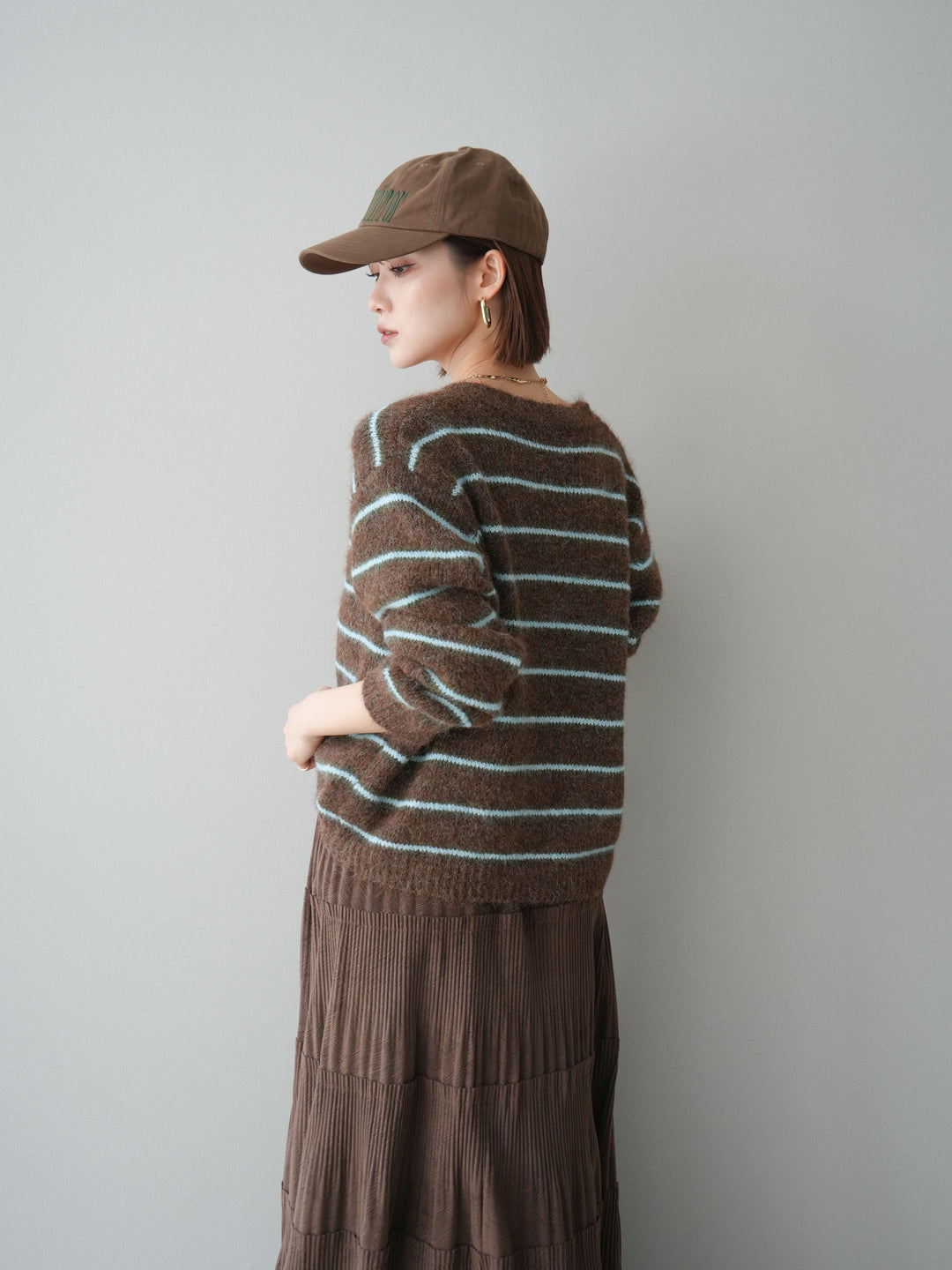 [予約]ボーダーシャギーニットカーディガン/brown