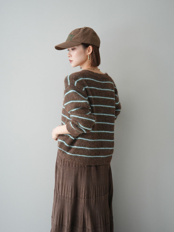 [予約]ボーダーシャギーニットカーディガン/brown