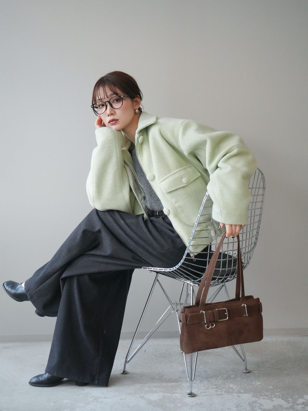 [SET]ウールライクフライトジャケット+アニマル柄ベルト付きウールタッチワイドパンツ(2set)