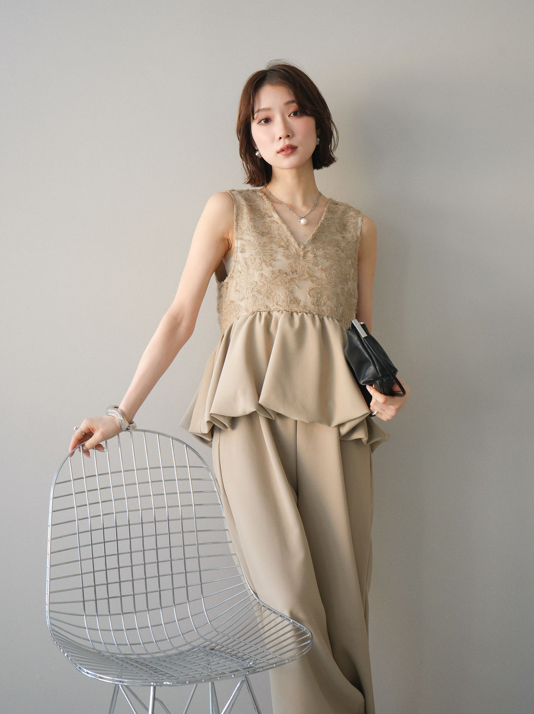 [予約]ジャガードレースぺプラムドッキングサロペット/beige