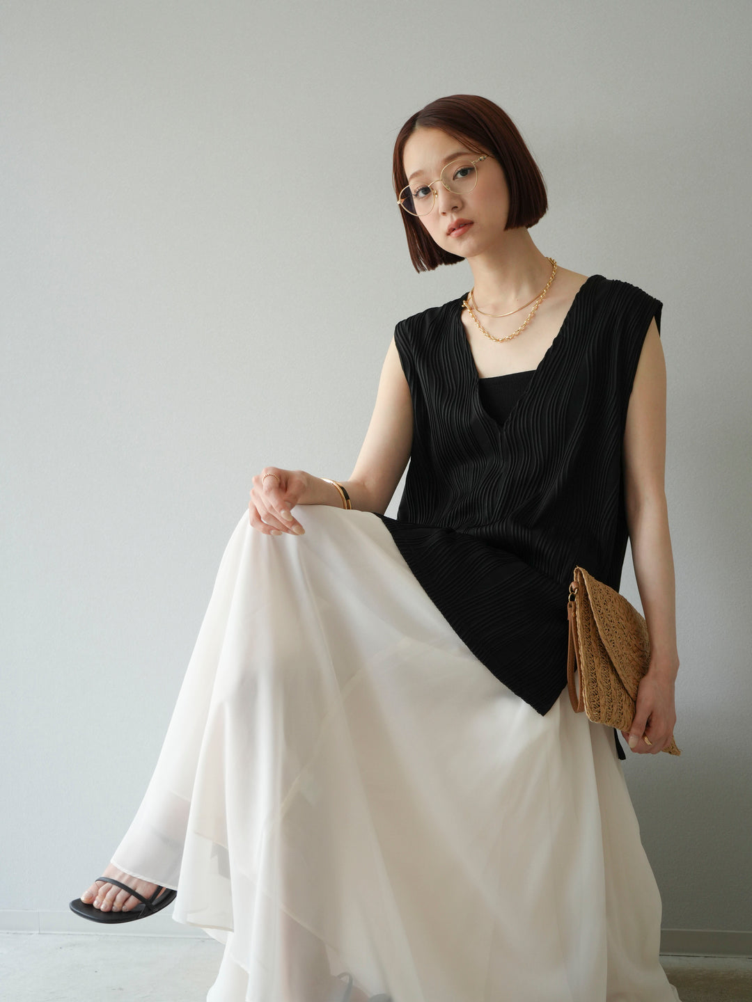 [SET]ウェーブパイピングVネックベスト+シフォンフレアスカート(2set)