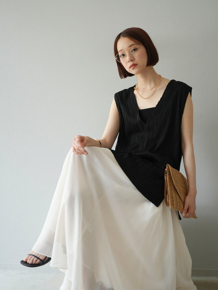 [SET]ウェーブパイピングVネックベスト+シフォンフレアスカート(2set)