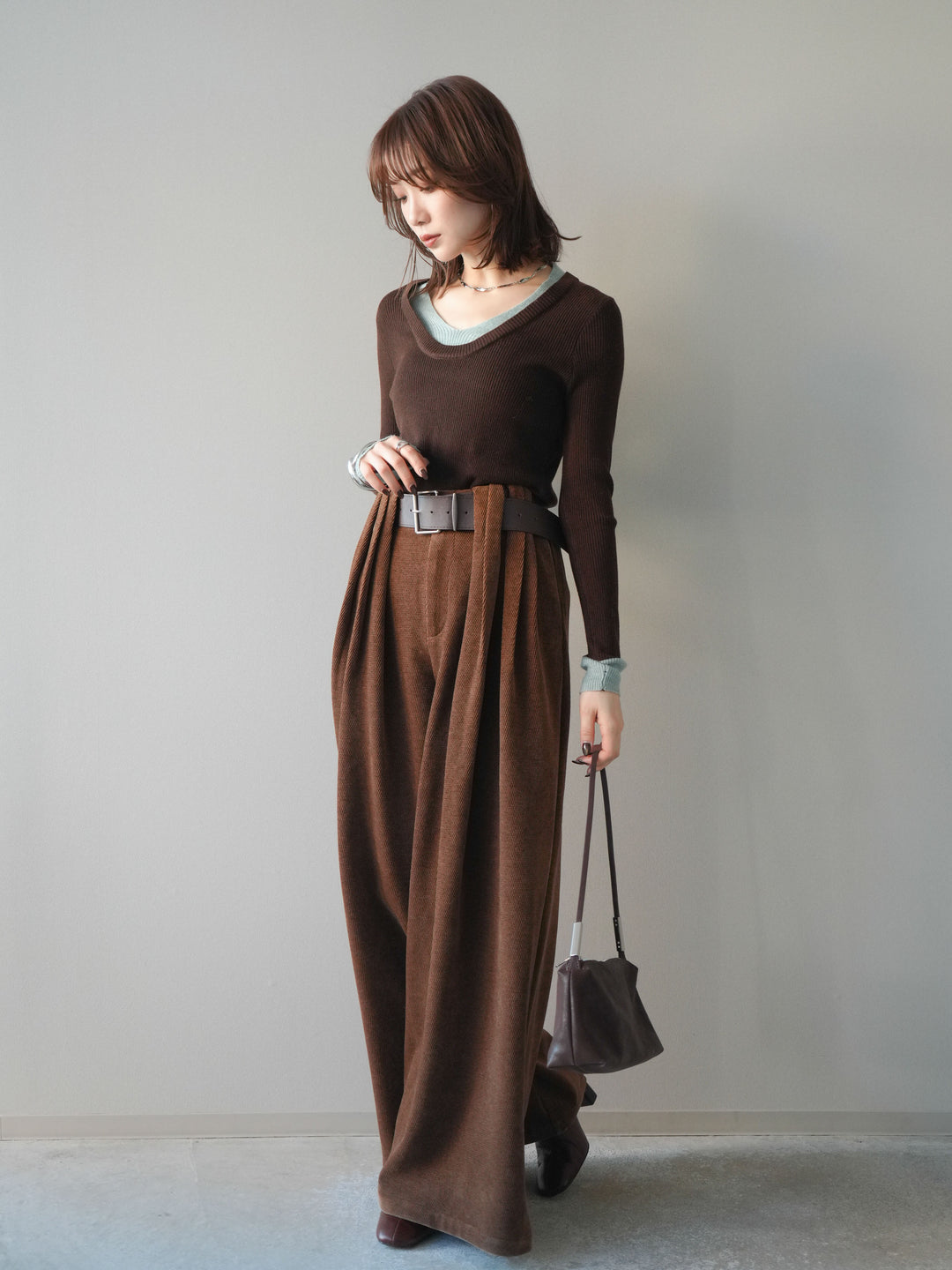 [予約]ベルトデザインループコールテンワイドパンツ(ベルト付き)/camel