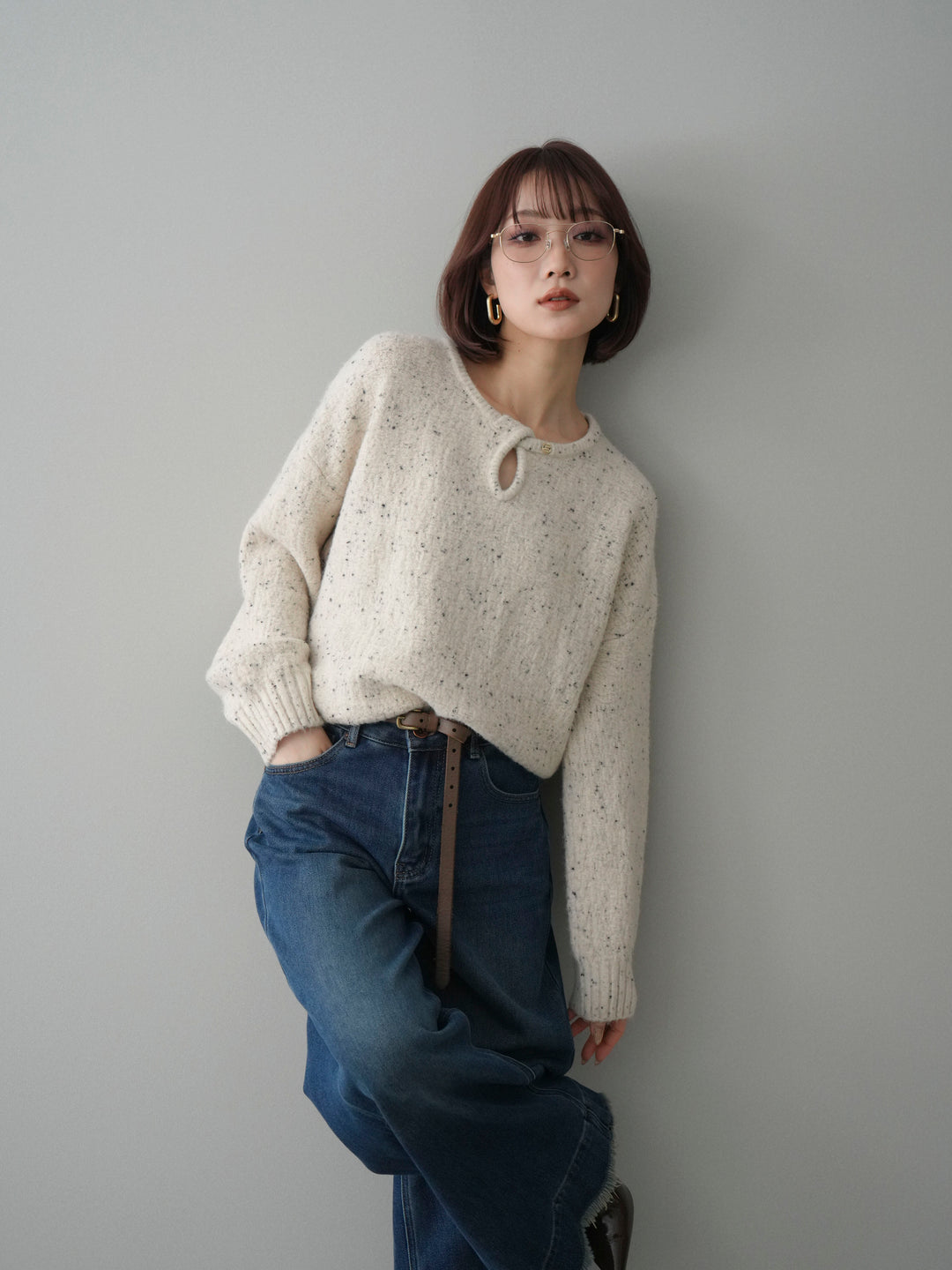 [SET]ツイストネックラメネップヤーンニットプルオーバー+選べるアクセセット(2set)