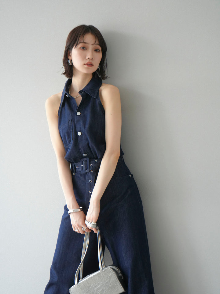 【預購】翻領牛仔連身衣/深藍色