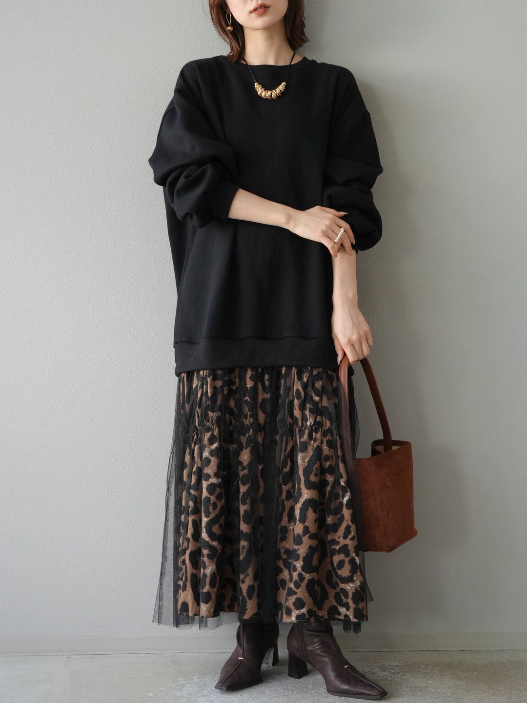 [予約]スウェットドッキングアニマル柄レイヤードワンピース/ブラック