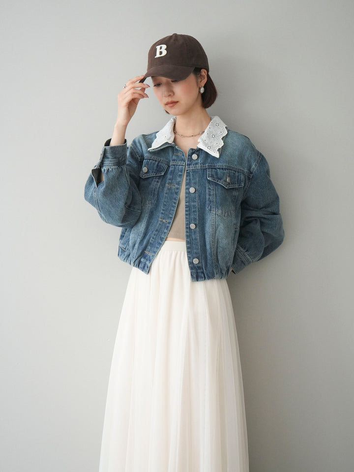 [SET]襟レースデニムショートジャケット+選べるアクセセット(2set)