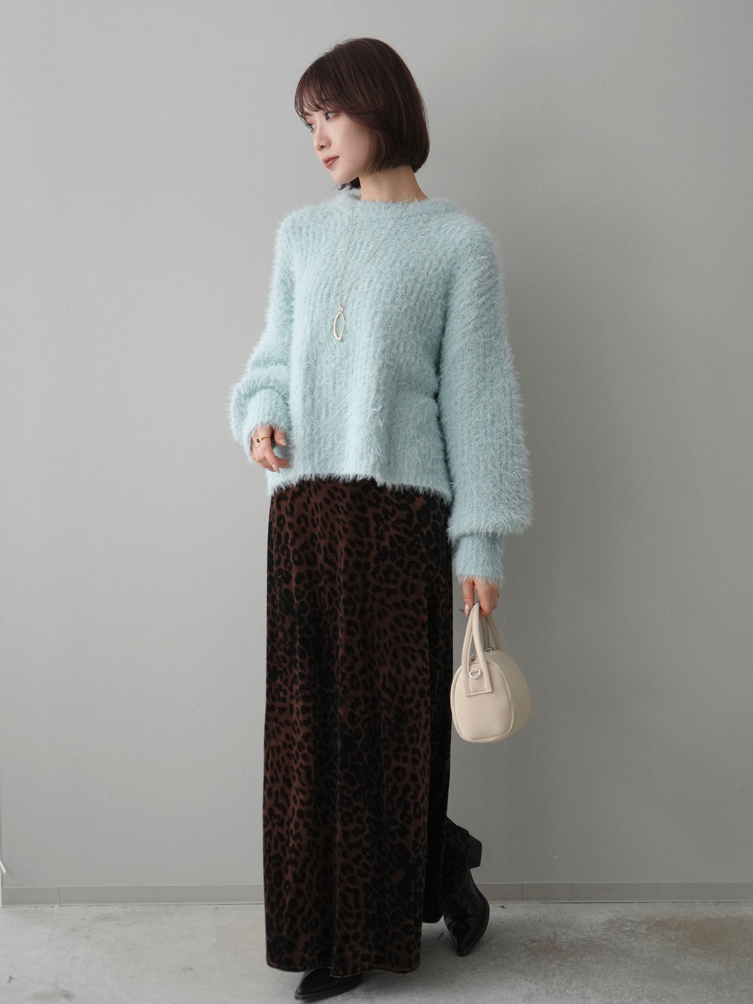 [SET]ボリュームスリーブシャギー MIXニットプルオーバー+レオパードベロアナロースカート(2set)