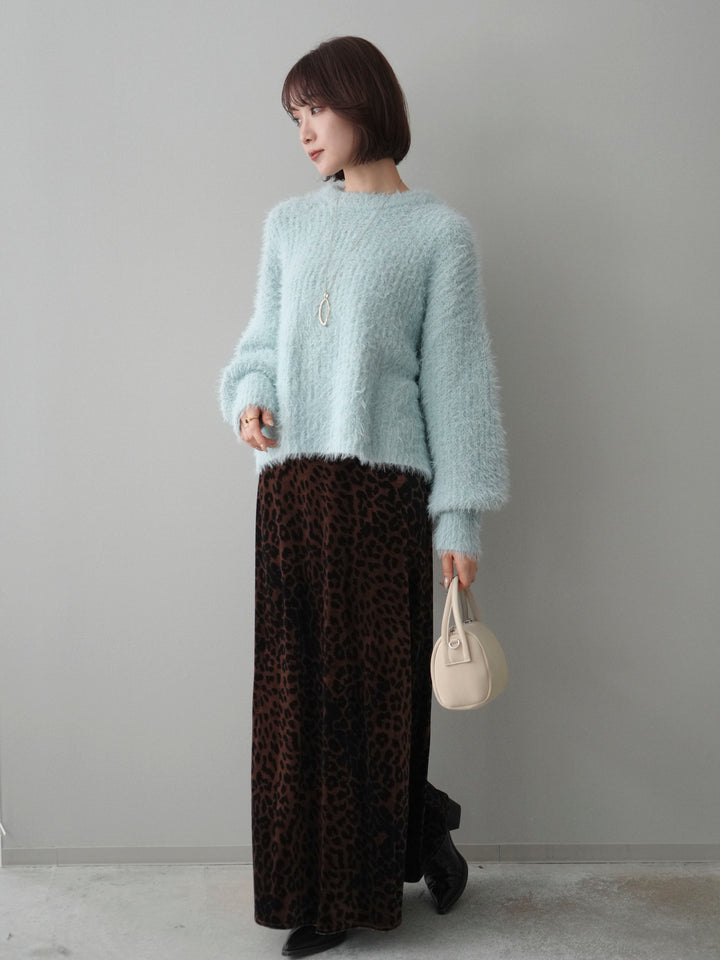 [SET]ボリュームスリーブシャギー MIXニットプルオーバー+レオパードベロアナロースカート(2set)