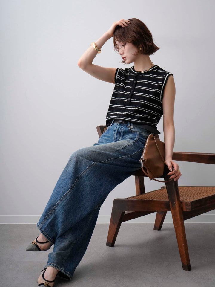[SET]ボーダーヘンリーノースリニットトップス+立体カーブデニムパンツ(2set)