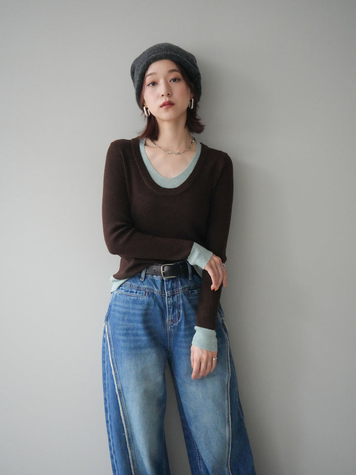 [SET]Uネック配色レイヤードリブニットトップス+サイドフリンジワイドデニムパンツ(2set)