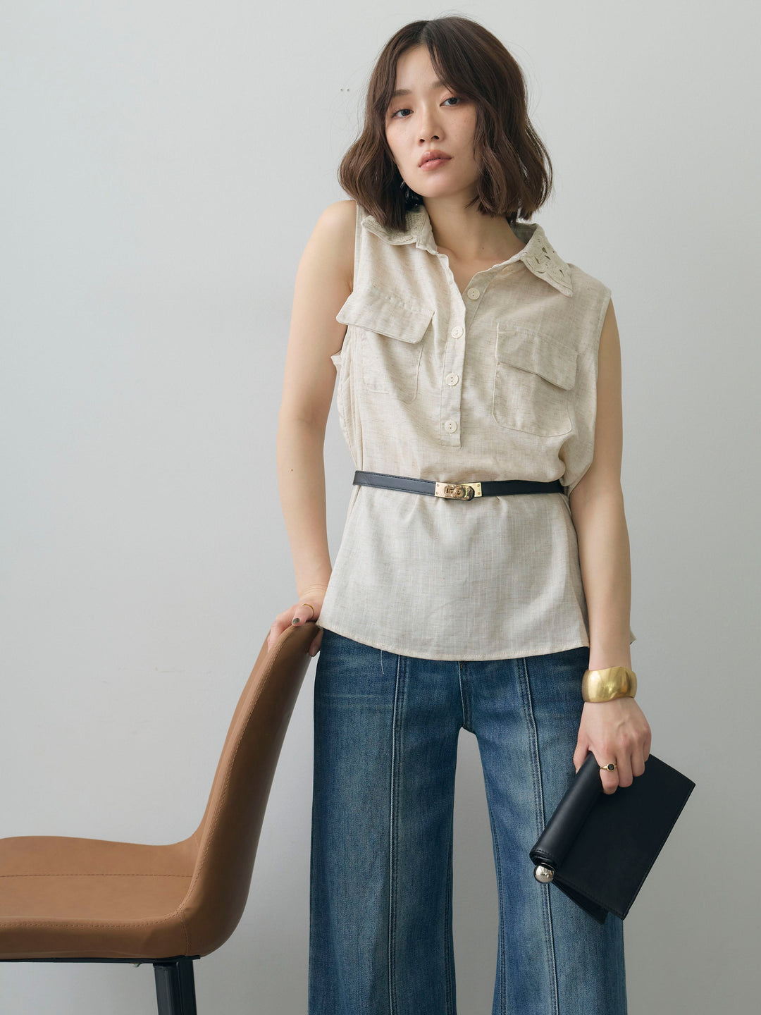 [SET]ベルト付レースカラーWポケットノースリシャツ+センターラインワイドフレアデニム(2set)