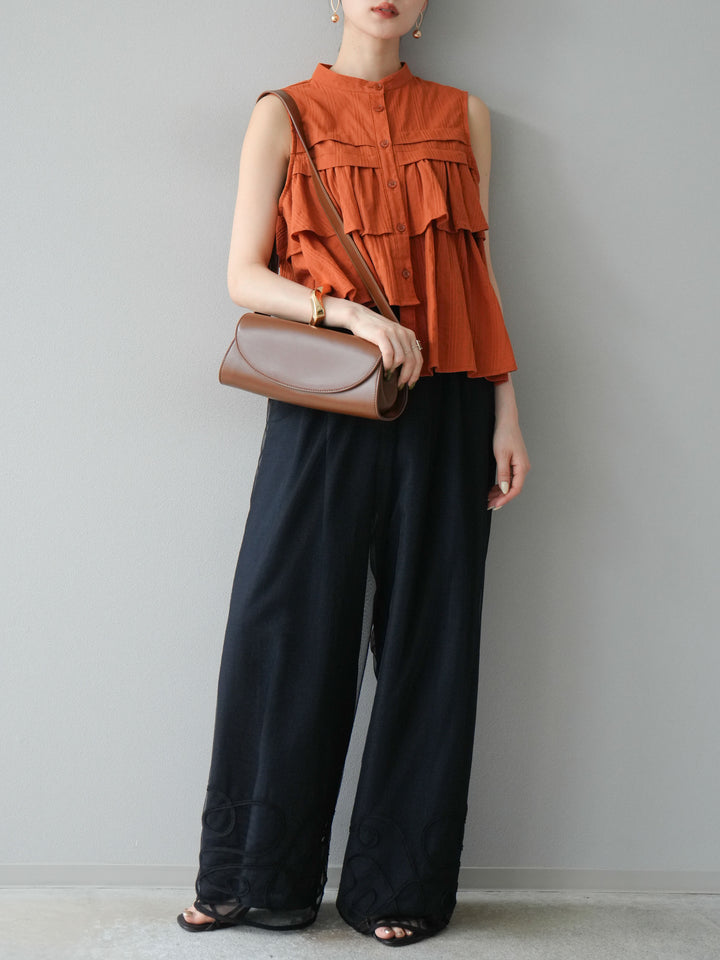 [予約]ドビーストライプアシンメトリーフリルノースリブラウス/テラコッタ