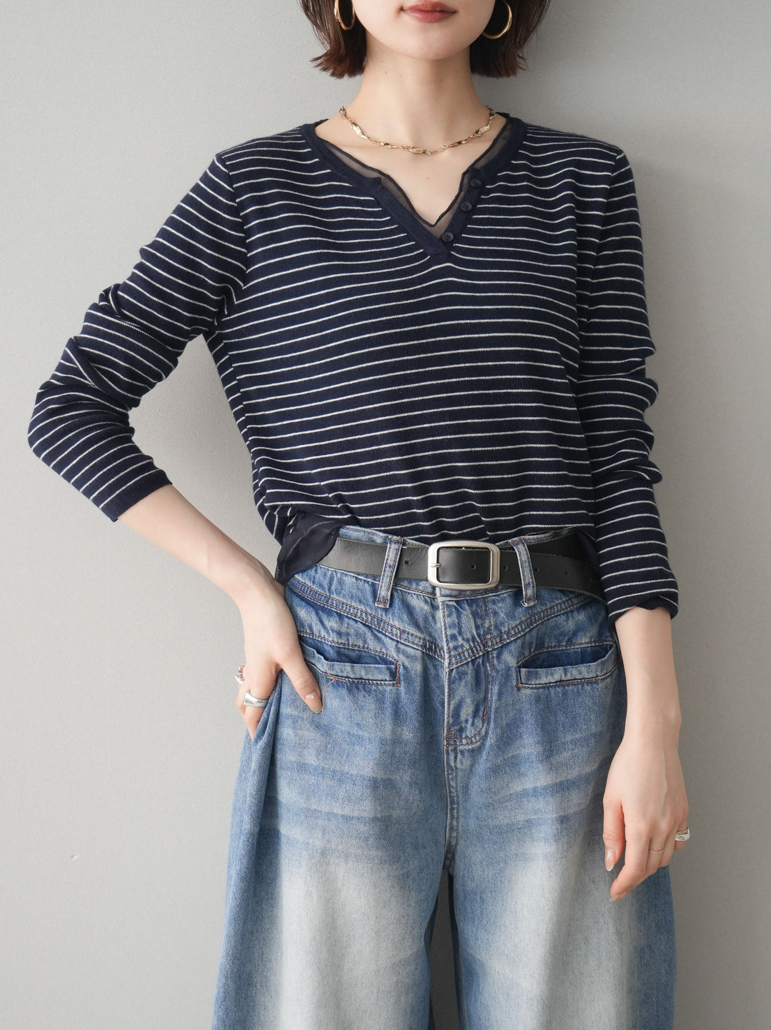 [SET]チュールレイヤードデザインボーダーニットトップス+選べるアクセセット(2set)