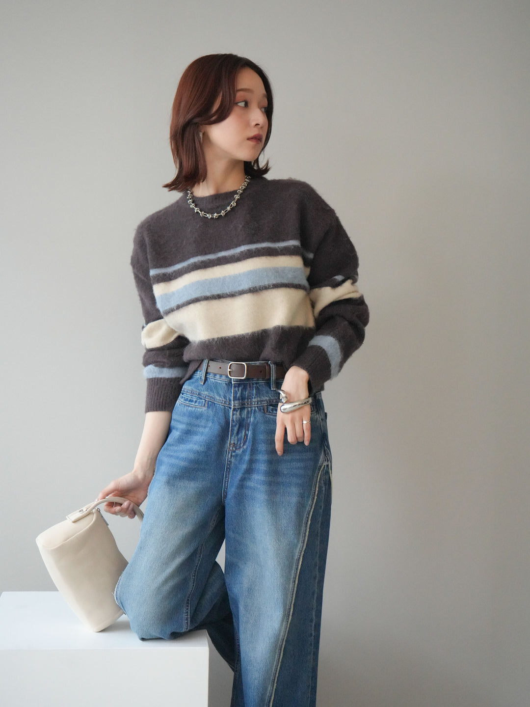 [SET]ソフトタッチボーダークロップドニットプルオーバー+サイドフリンジワイドデニムパンツ(2set)