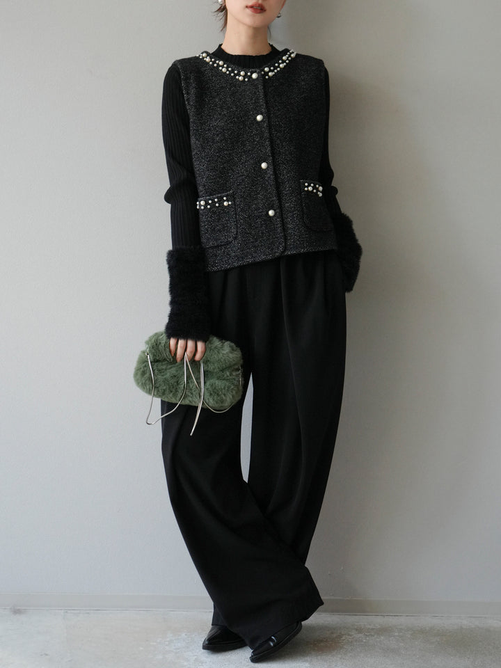 [予約]パールデザインツイードライクニットベスト/ブラック