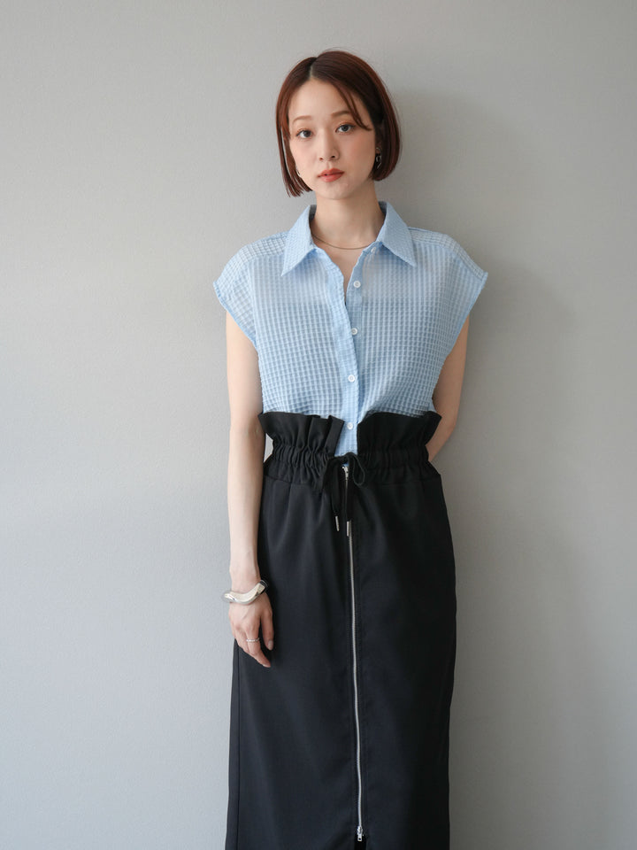 [SET]シアーチェックノースリーブシャツ+ヘザーエステルギャザージップスカート(2set)