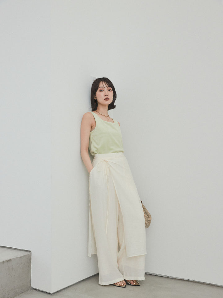 [SET]スクエアベロアタンクトップ+ワッシャーサテンレイヤードスカートパンツ(2set)