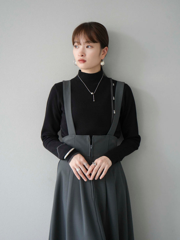 [予約]ボトルネック配色デザインボタンニットトップス/ブラック