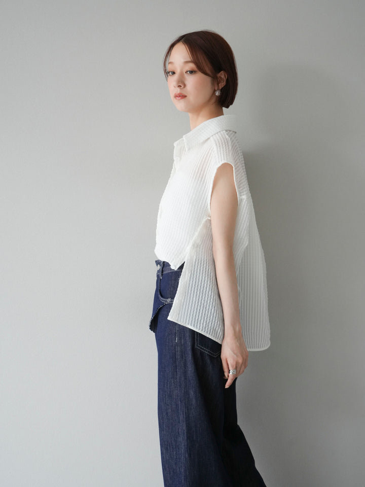 [SET] 透視格紋無袖襯衫 + 臀部設計牛仔褲（2 套）