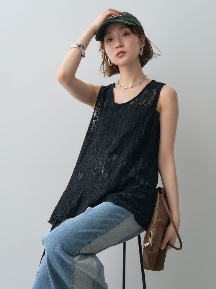 [予約]ラッフルレースアシメペプラムノースリトップス//black