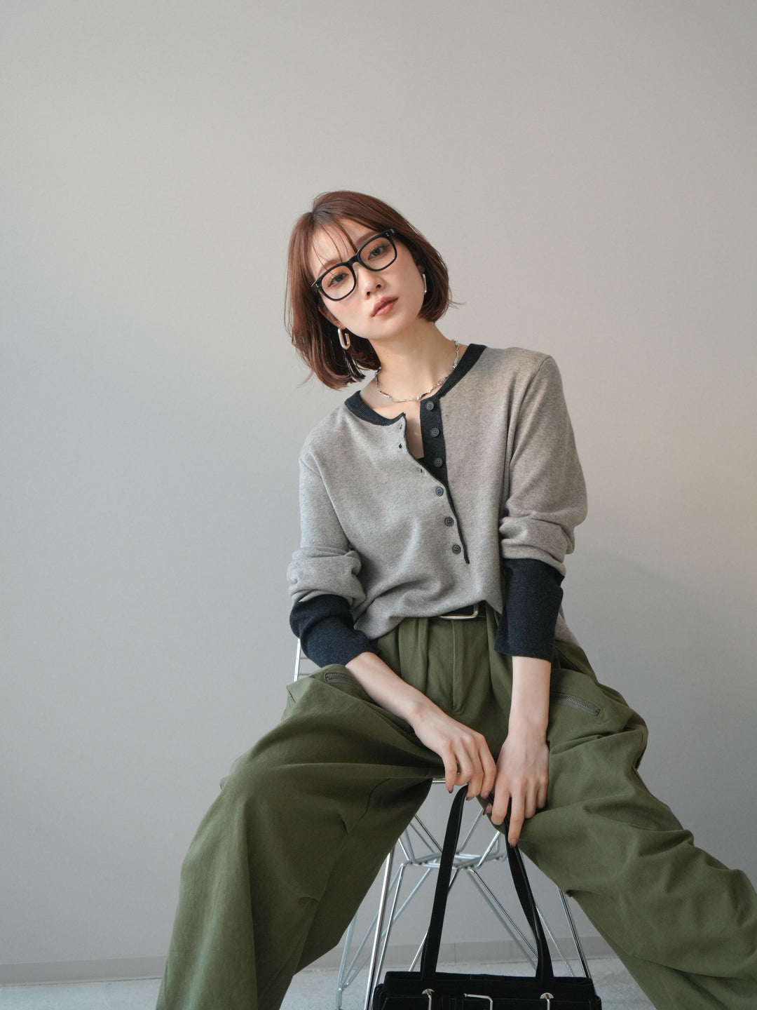 [SET]ヘンリーネック配色ニットソー+コットンタックループパンツ(2set)