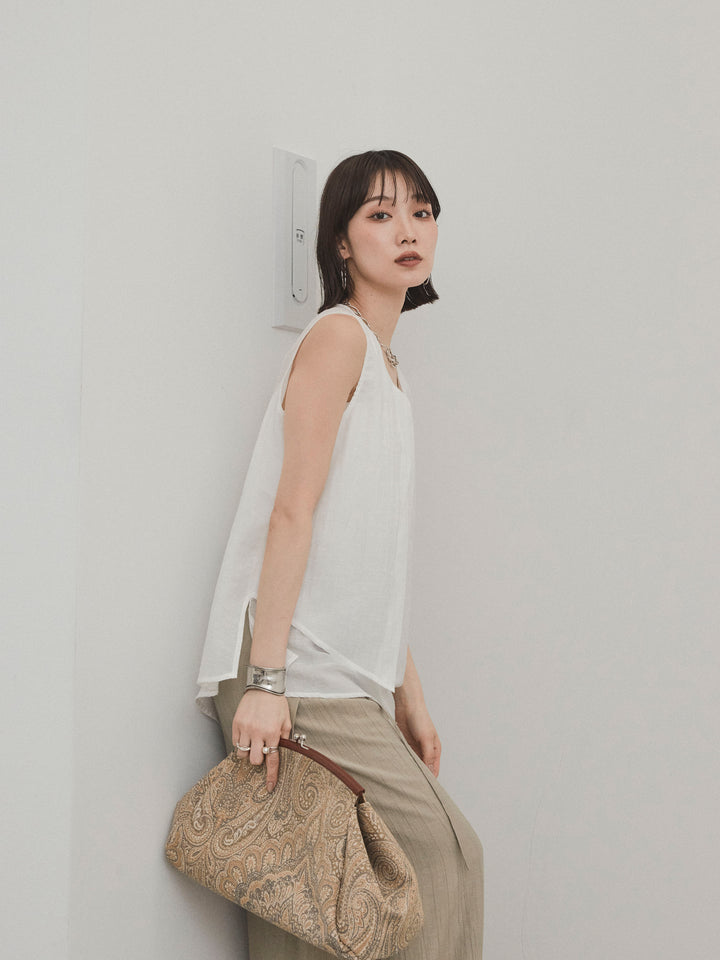 [SET]シアータックアシンメトリーブラウス+ワッシャーサテンレイヤードスカートパンツ(2set)